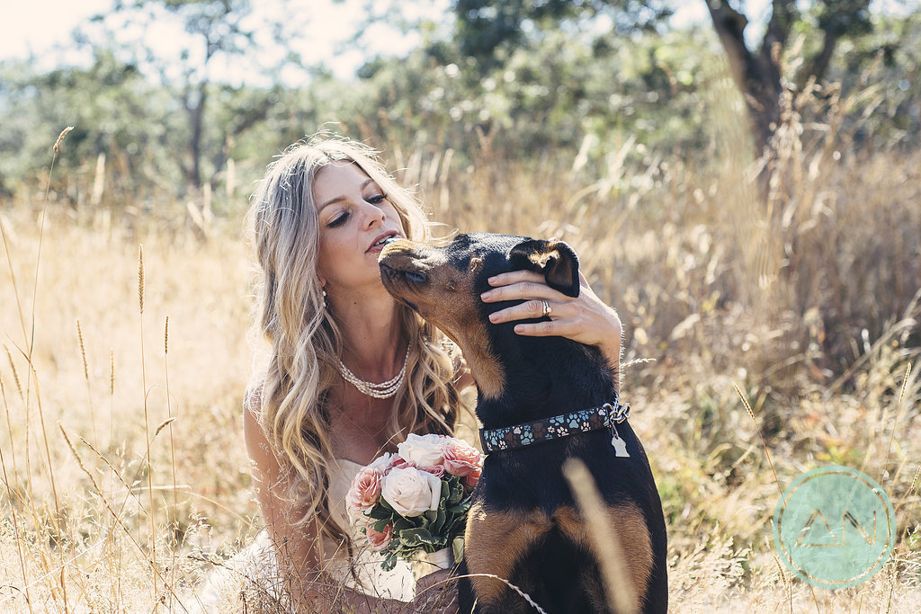 Betsy, a black and tan Rottweiler mix, sitting beside me in my wedding dress.